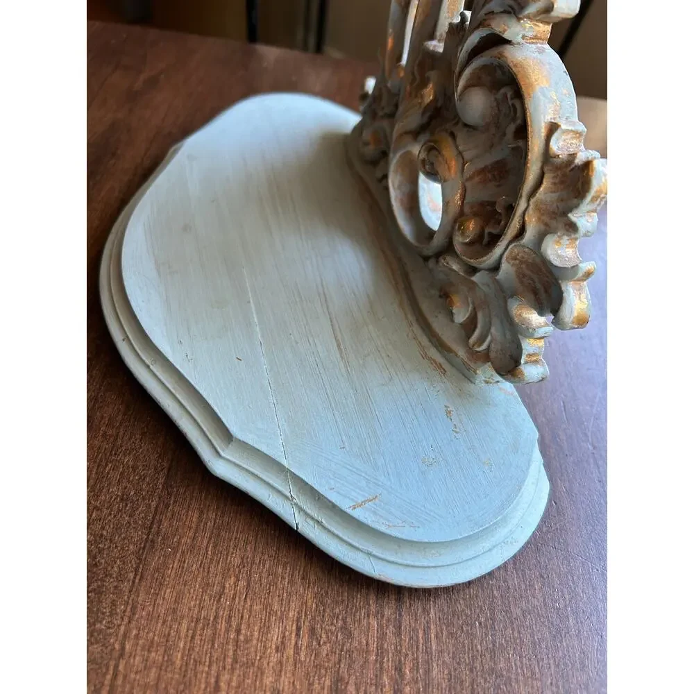 2 Vintage Syroco wood wall shelves shabby chic Regency gold light blue paint 12”
